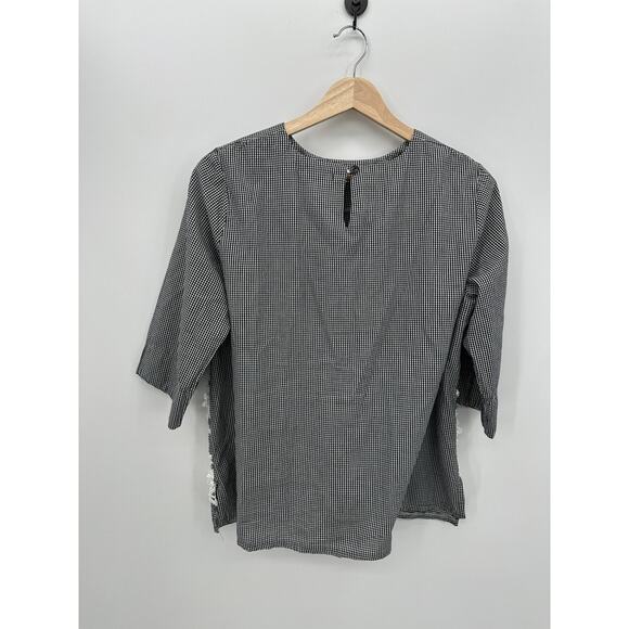 Trisha Tyler Top Womens PM Gingham Print Artsy Textured Floral Boxy 1/2 Sleeve - Picture 2 of 7